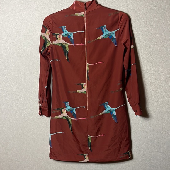 Ted Baker London Bow Necktie Tunic Dress Size 1 Rust Brown Flying Geese Pattern - Picture 9 of 13